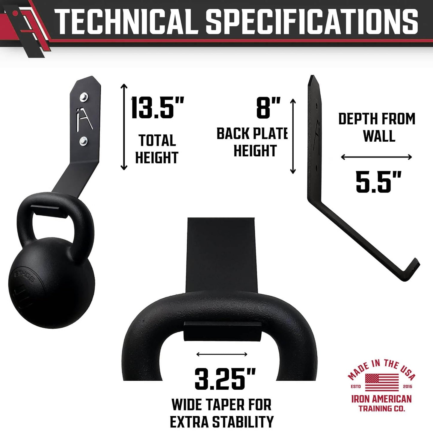 IRON AMERICAN Kettlebell Hook Gym Wall Mount Hanger, 100+ Pound Capacity - Gym Storage Rack Gym Wall Mount - Hang Any Size Kettlebell, Hardware Included (3-PACK))