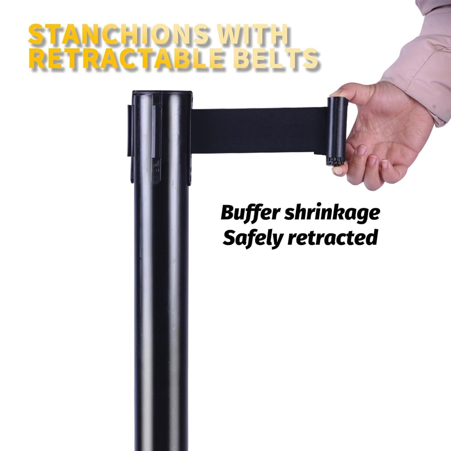 6PACK BESEA Crowd Control Stanchions Set Heavy Duty Crowd Control Barriers with 10' FEET Black Retractable Belt, Rubber Base(6PACK)