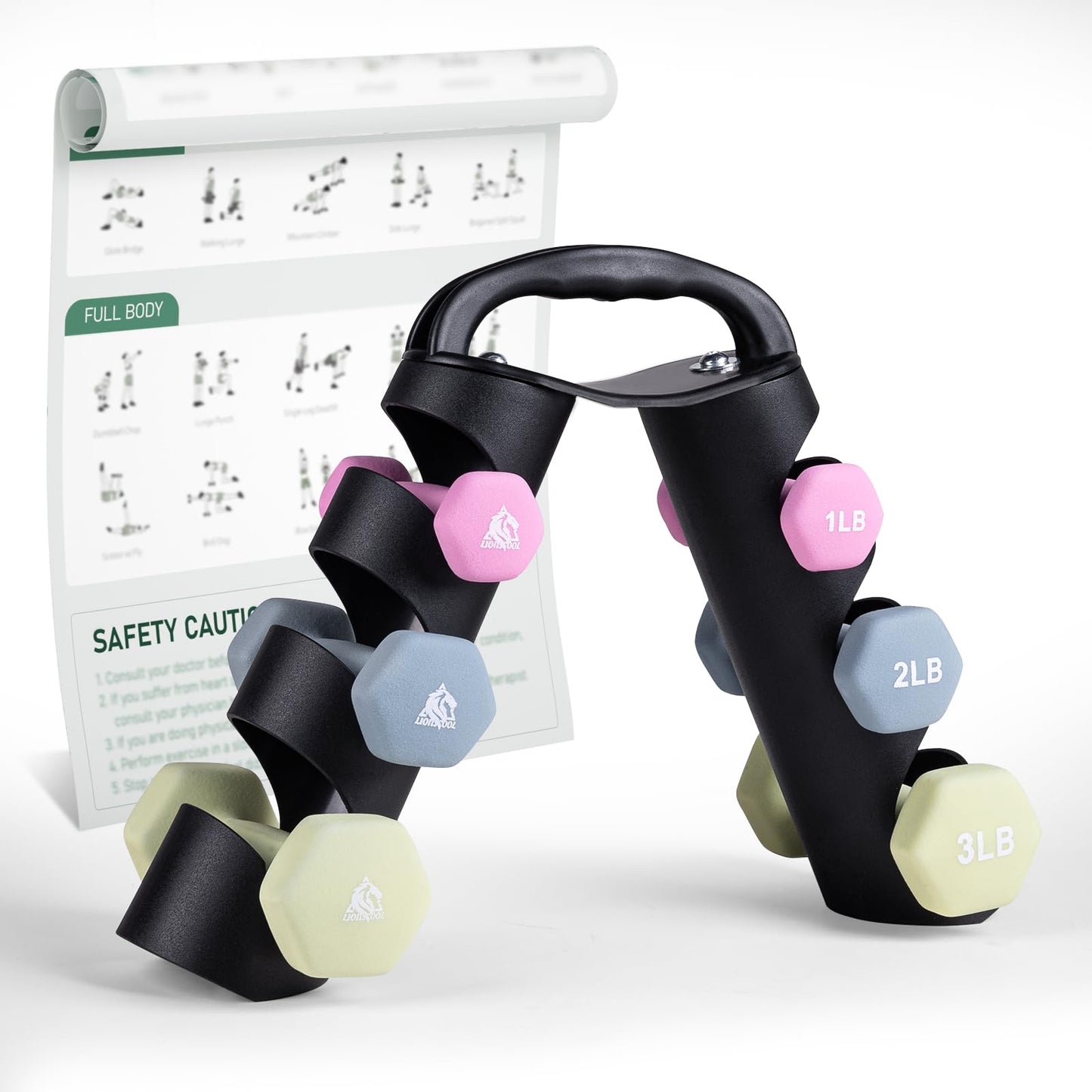 LIONSCOOL 1LB 2LB 3LB Pair Neoprene Coated Dumbbell Set with Sturdy and Portable Rack, All Purpose Premium Hex Dumbbell Set (Revive Motion)