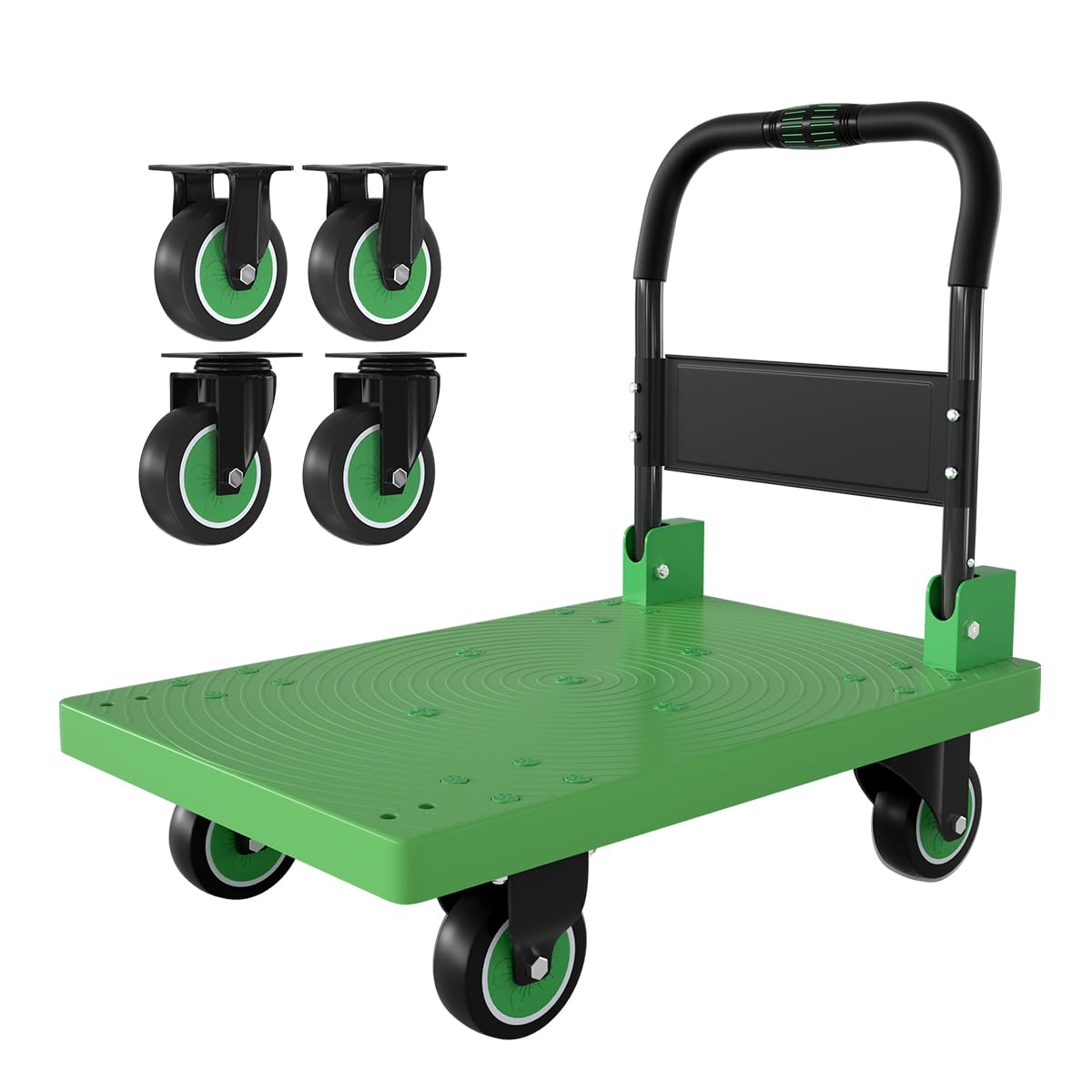 WUD Folding Push Cart Platform Trolley – Thickened Reinforced Steel, 360° Swivel Wheels, 28.7″×19.3″, Load Capacity 661 lb, Green
