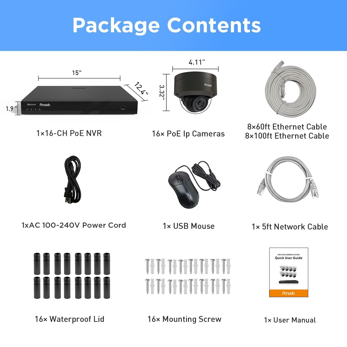 PANOOB 16 Channel Security Camera System 4K PoE, 16x 8MP IK10 Vandal Proof Dome Camera w/Smart Human Vehicle Detection, Wired IP Camera Outdoor Built-in Mic, 4K 8MP 16CH NVR 4TB HDD, PD54B1616-8M