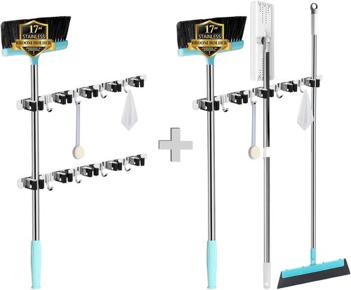 AceMining Wall-Mounted Broom and Mop Holder - 3 Pack with 5 Racks & 4 Heavy-Duty Hooks | Stainless Steel