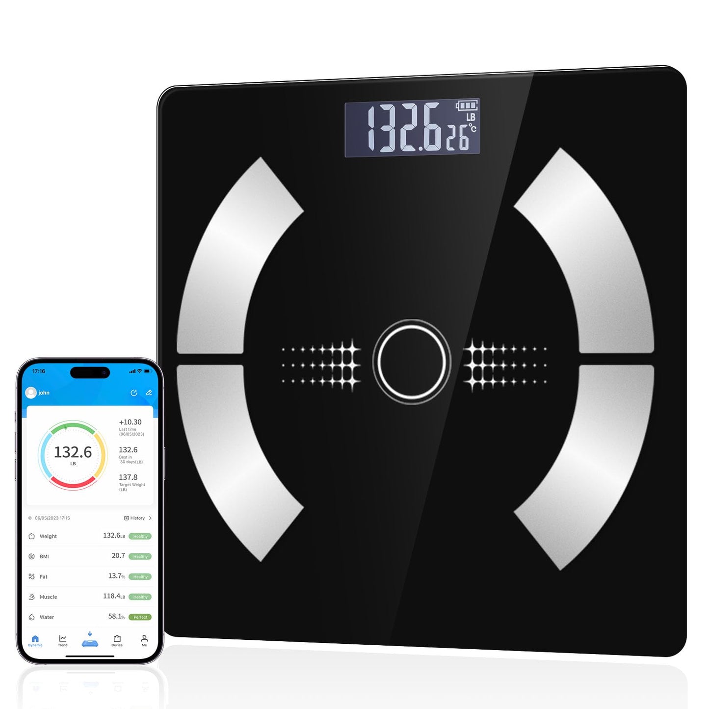 Smart Body Fat Scale - Accurate Digital Bathroom Scale with Bluetooth, 16 Essential Measurements Including Muscle Mass, Bone Mass, Body Water, BMI, and Visceral Fat【Black】