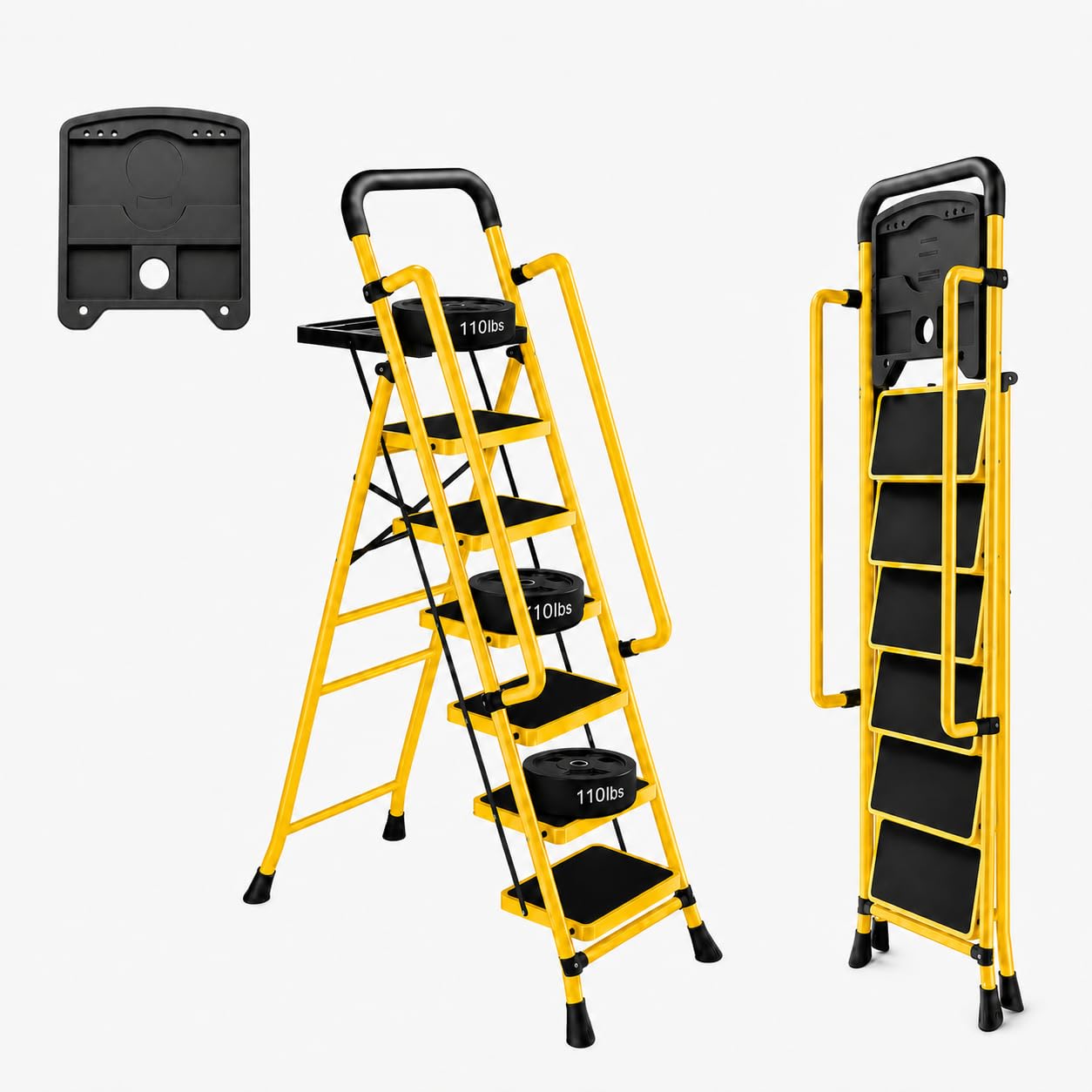 6 Step Ladder with Platform, 330 Lbs Load Heavy Steel Duty Step Ladders, Portable Safety Step Stool with Pedals, Handrail, for Multi-Purpose, Home, Kitchen