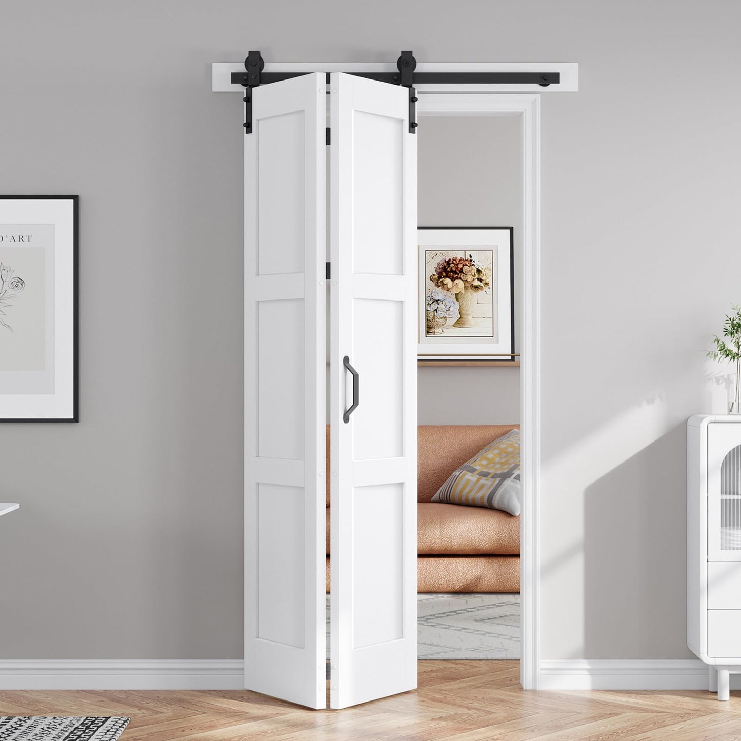 FREDBECK 42x84 White Bifold Barn Doors 3 Panles PVC Surface and Hardware Included