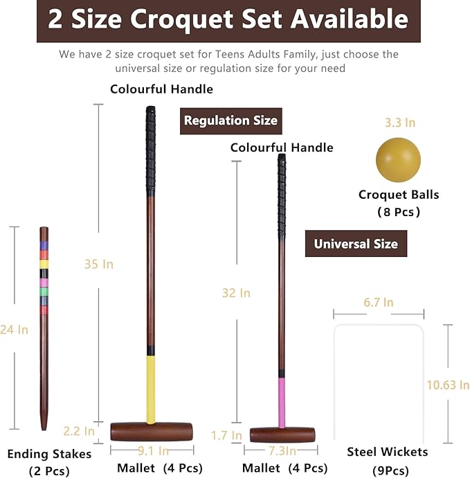 Croquet Set for Adults - 8 Players Croquette Kit with 32In Regulation, 35In Deluxe Size Rubber Wood Mallets, Colored PE Ball, Wickets, 24In End Stakes, Lawn Backyard Game for Families