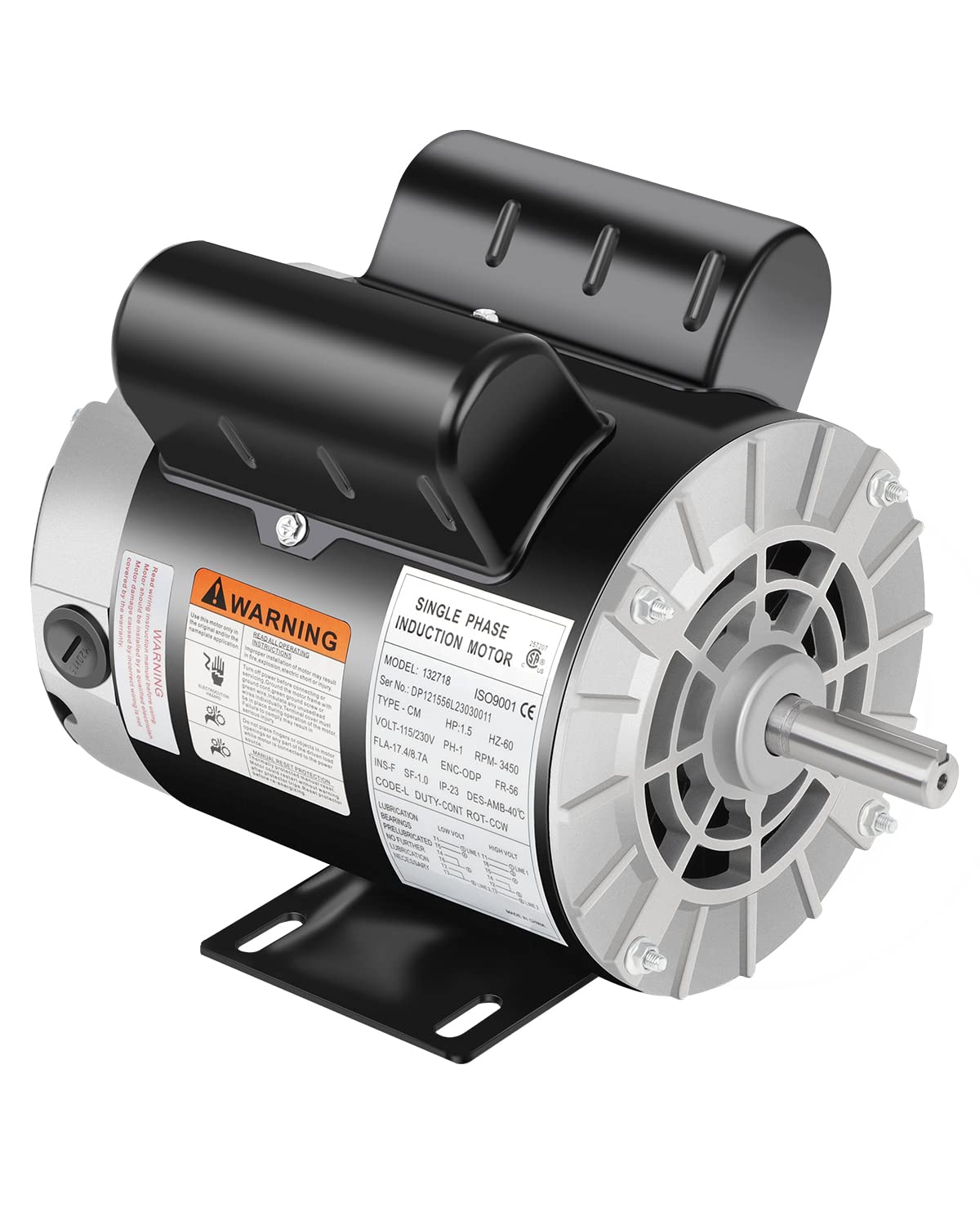 1.5 HP Air Compressor Motor, 3450 RPM Single Phase Motor, Electric Motor, 56 Frame 5/8" Keyed Shaft 115/230V, Duty-Continuous CCW Rotation, 1.88" Shaft Length for Air Compressors