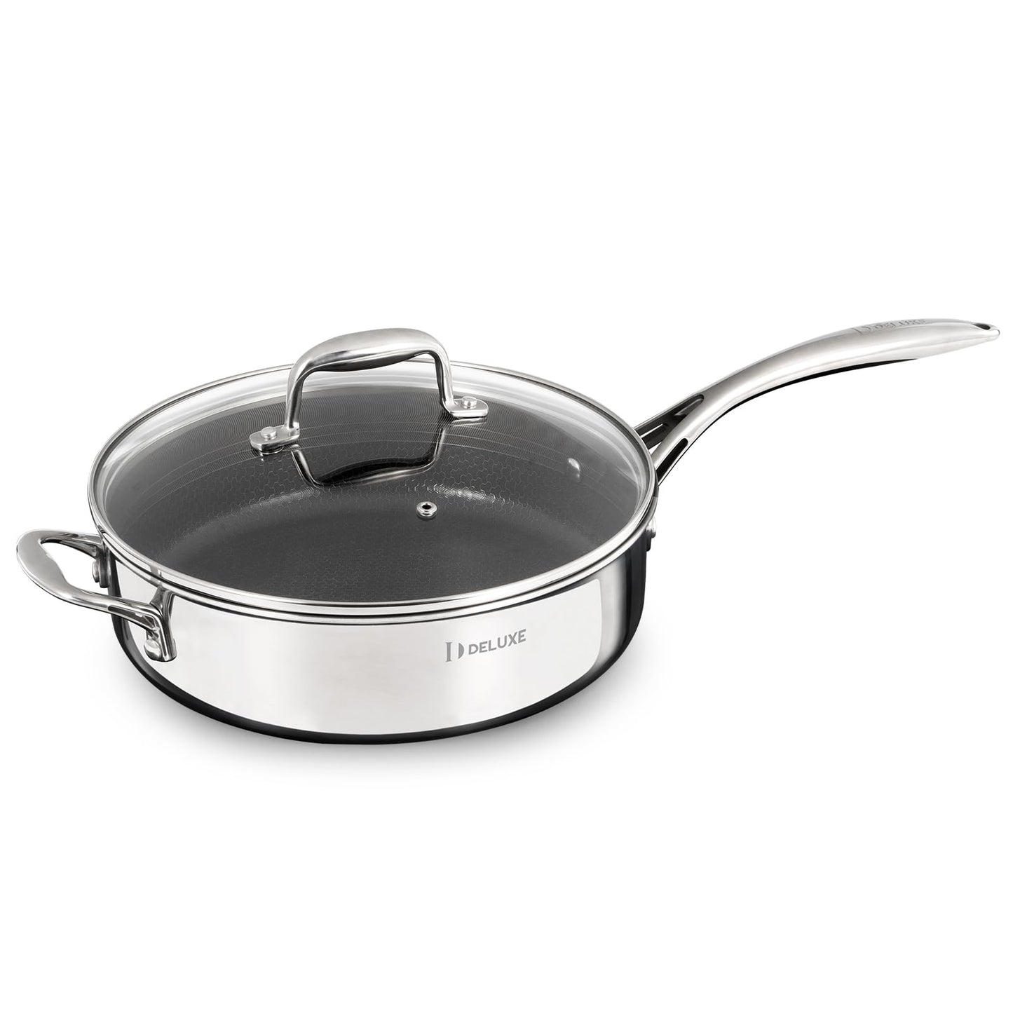 DELUXE Hybrid Ceramic Nonstick 3.7 Qt Deep Sauté Pan with Lid, Stainless Steel Skillet with Stay-Cool Handles, Dishwasher and Oven-Safe, PFOA Free Deep Frying Pan, Compatible with All Cooktops