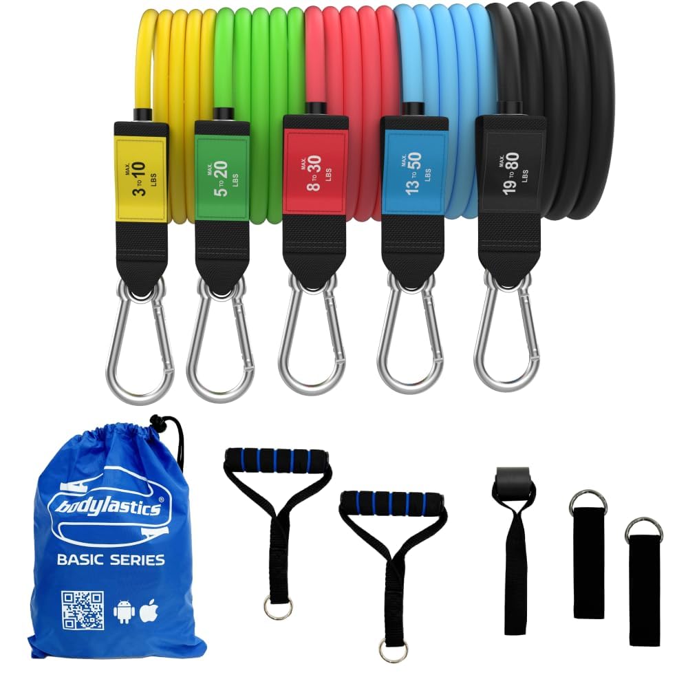 Bodylastics Basic Series Resistance Band Set-Resistance Bands, Handles, Ankle Straps, Door Anchor, Carry Bag Heavy-Duty Exercise Bands and Snap Reduction Tech (3-190 Lbs Set Assorted)