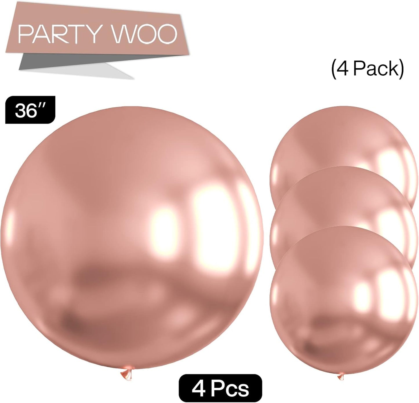 PartyWoo Rose Gold Balloons - 36 Inch Metallic Chrome for Weddings & Celebrations | 4pcs Set