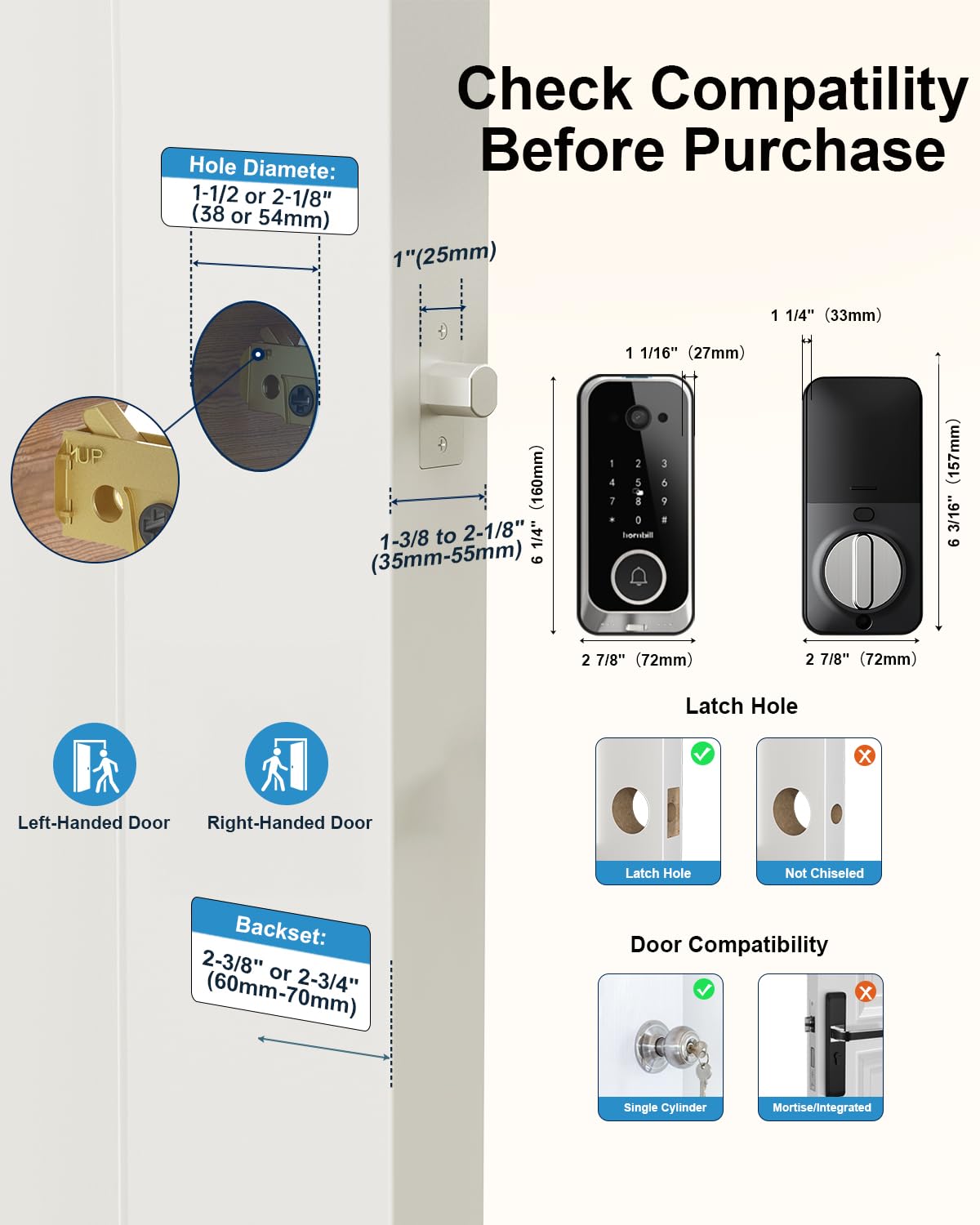 Hornbill Video Smart Lock with Camera: 10-in-1 Ring+2K Camera+Doorbell+Fingerprint Keyless Entry Door Lock, Built-in WiFi Deadbolt(only 2.4G), Two-Way Audio/App Remote Control/PIR, Satin Nickel