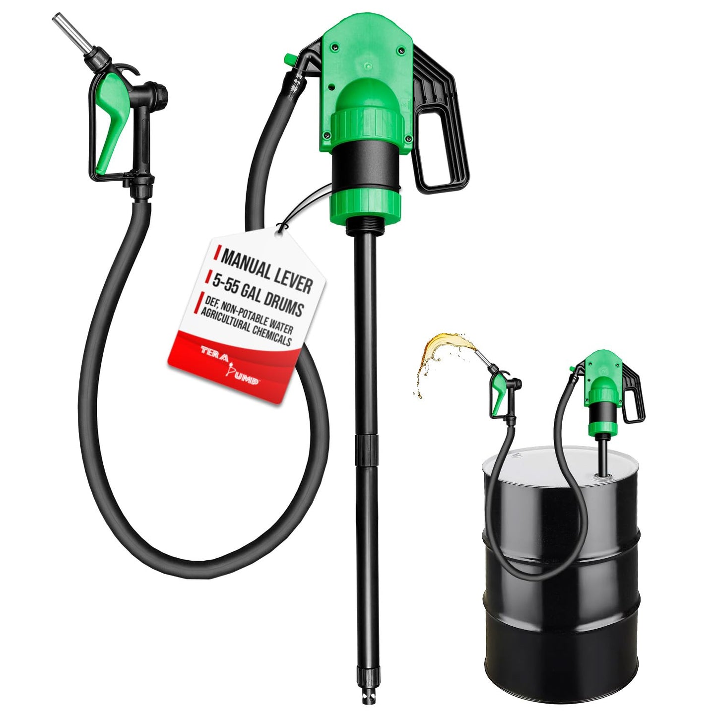 TERA PUMP Manual Lever Action Pump w/Gas Pump Style Nozzle for DEF, Antifreeze, Windshield Washer & Agricultural Chemicals, 15-55 Gallon Drum Barrel Pump w/ 10 ft Hose (8 oz per Stroke)