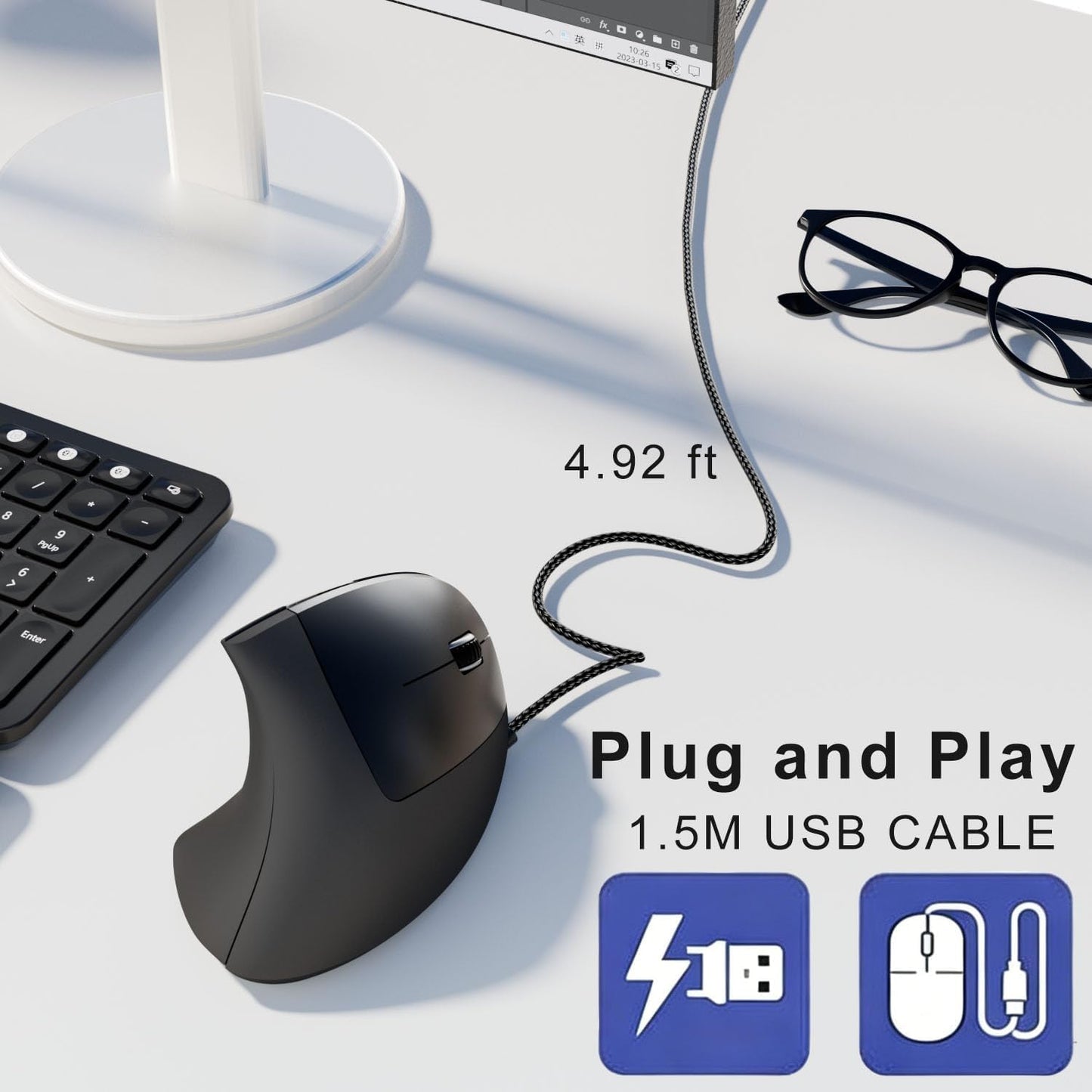 ROCK&ROWN Cable,6 Buttons,6400 Wired Ergonomic Mouse,Vertical Mouse with Nylon-Braided Adjustable DPI,Silent Mouse