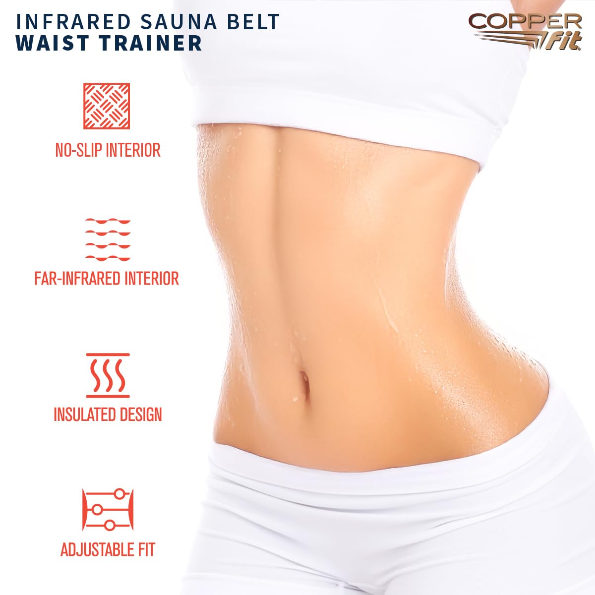 Copper Fit Infrared Sauna Belt – Waist Trainer for Men & Women – Increases Sweat & Supports Core – Adjustable Compression – Copper-Infused (Black, SM)
