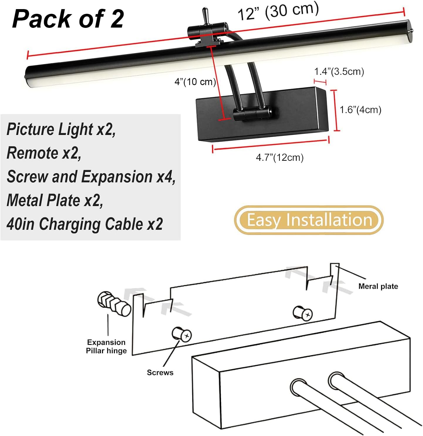 Yuichoy Picture Lights - 12 Inch Wireless Art Lighting with Remote | Dimmable Battery Operated, Black