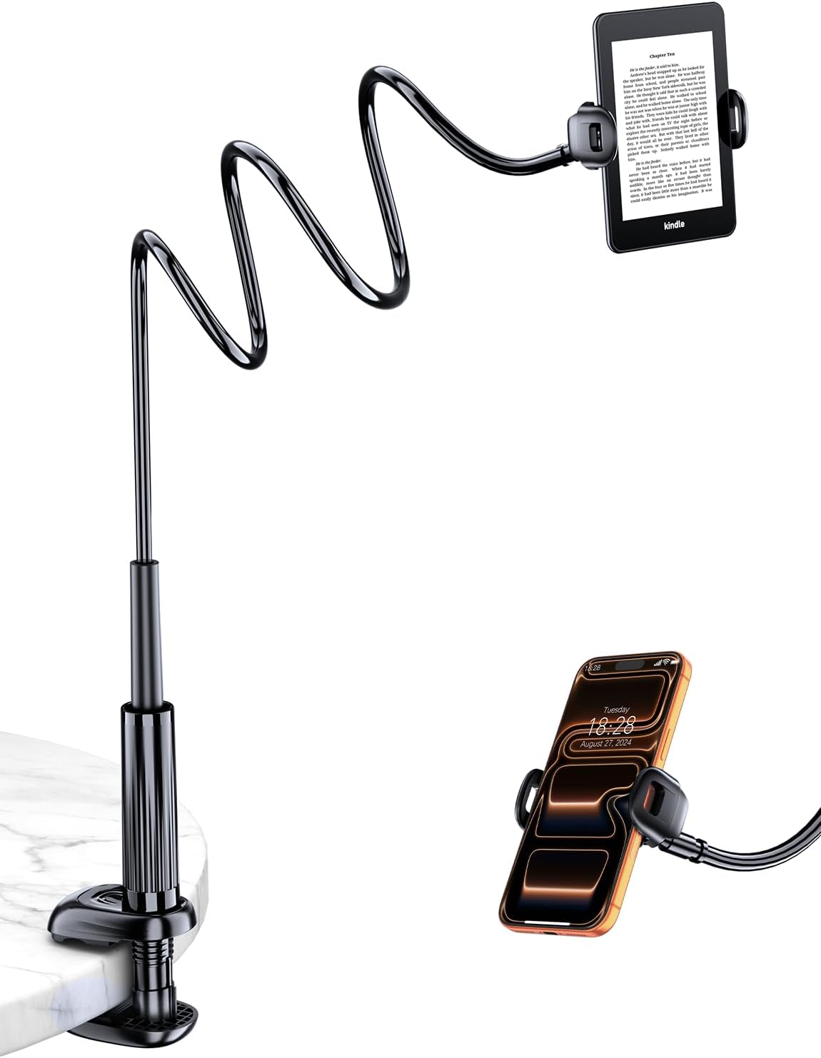 Mumay 17 4.78.6 Inch Gooseneck Kindle & Phone Holder for Bed: Flexible Long Arm Clamp Mount for Hands-Free Reading