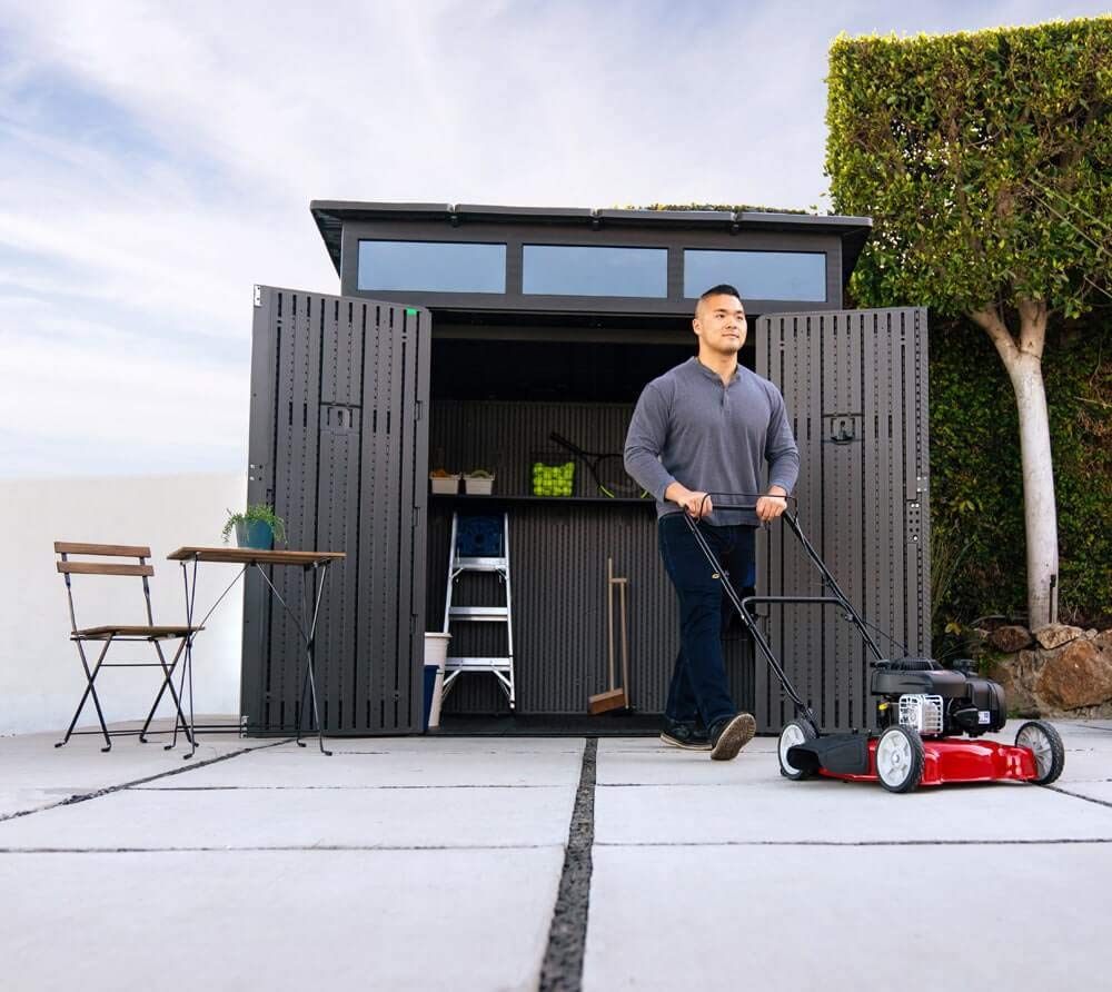 Lifetime 8.3 x 8.3 Ft Modern Outdoor Storage Shed with Clerestory Windows, Steel Reinforced, Lockable Doors, Adjustable Shelf and Wall Hooks, UV-Protected, Gray