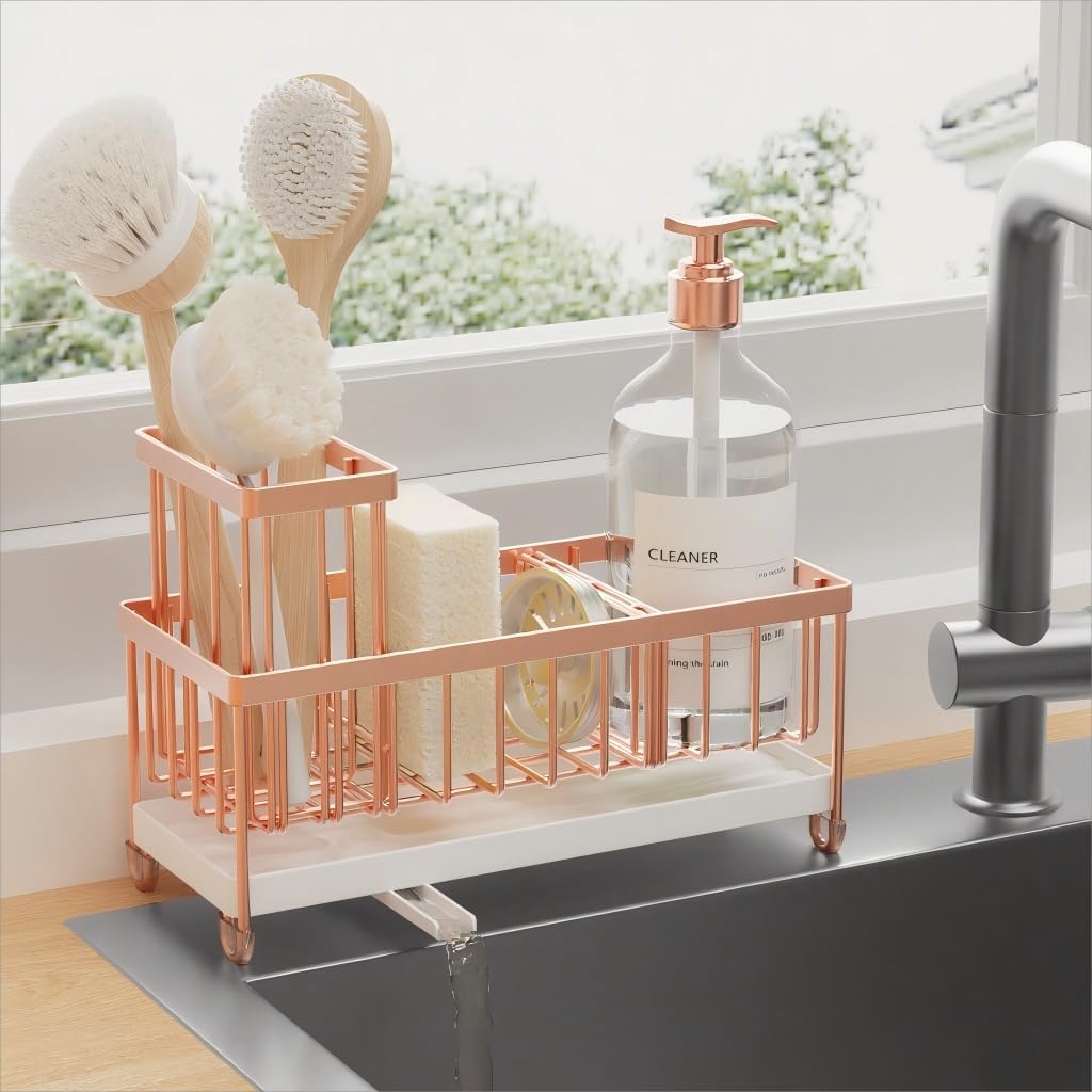 Cisily Kitchen Sink Caddy Organizer - Rustproof 304 Stainless Steel with High Brush Holder | Rose Gold, 9.25â