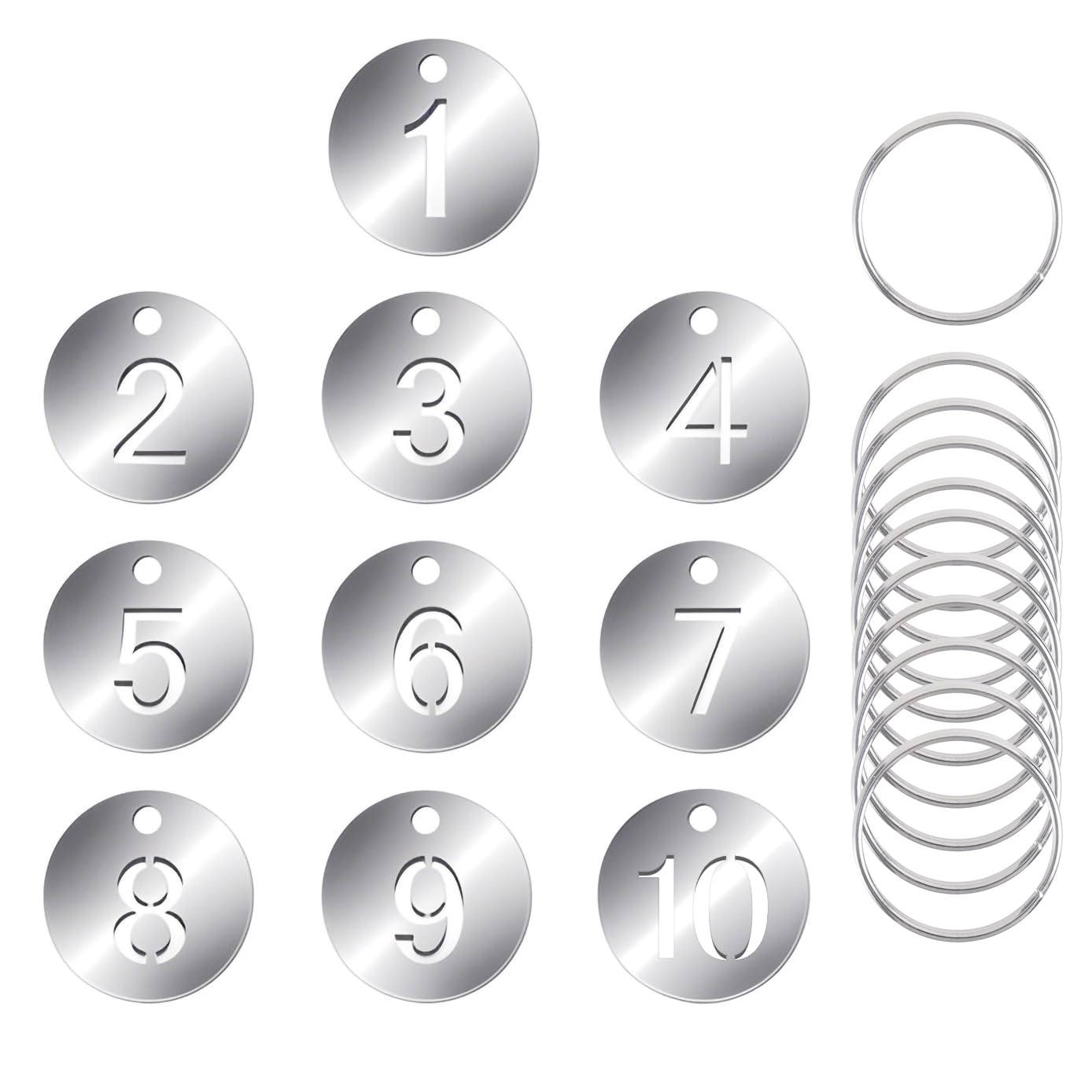 CenterZ Number Tags, Polished Stainless Steel 1 to 10 Numbered Key Tags with 10pcs Metal Split Ring (0.91 inch Diameter 0.04 inch Thick, Lightweight Hollow Numbers Round Keys ID Tag, Key Chain Labels)