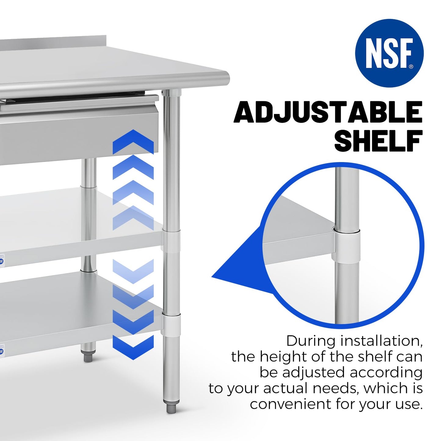 Hally Stainless Steel Prep Table 24 x 60 Inch with Backsplash, NSF Certified Commercial Work Table with Drawer, Removable Stainless Steel Pan, Undershelf and Side Hook for Restaurant, Home, Garage