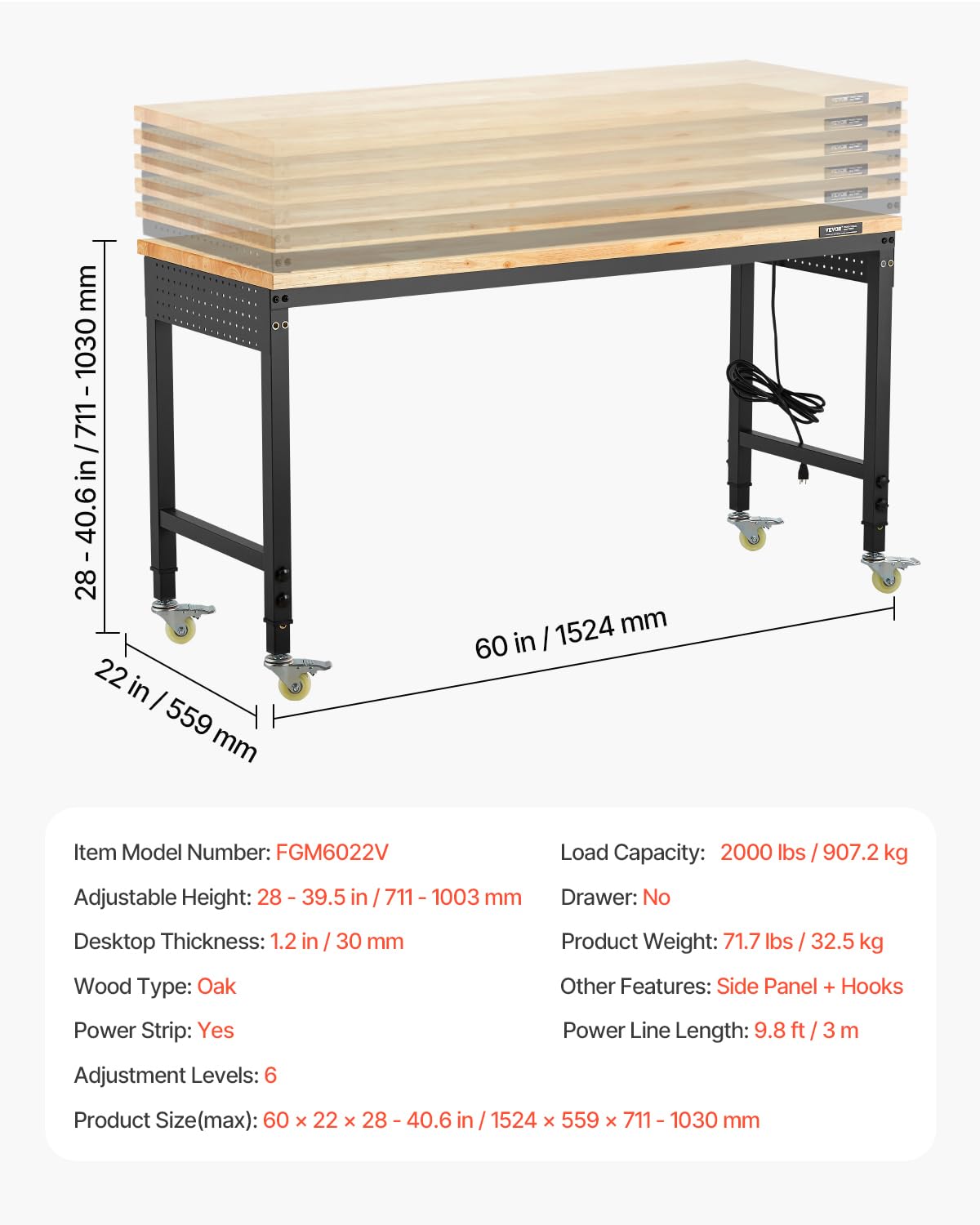 VEVOR Adjustable Workbench, 60 Inch Work Bench with Power Outlet, Wheels, and Pegboard, 2000 lbs Load Heavy Duty Oak Wood Top Work Table for Garage, Workshop, Office, and Home