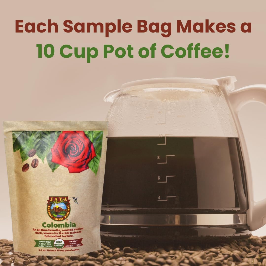 Java Planet, Coffee Gift Sampler Set, for Coffee Lovers: Low Acid Organic Beans: Whole Bean, Mold-Free & Stomach Friendly - Arabica Gourmet, 1.32 LBs (19.2 oz) packaged in 6 Bags Each 3.2 oz