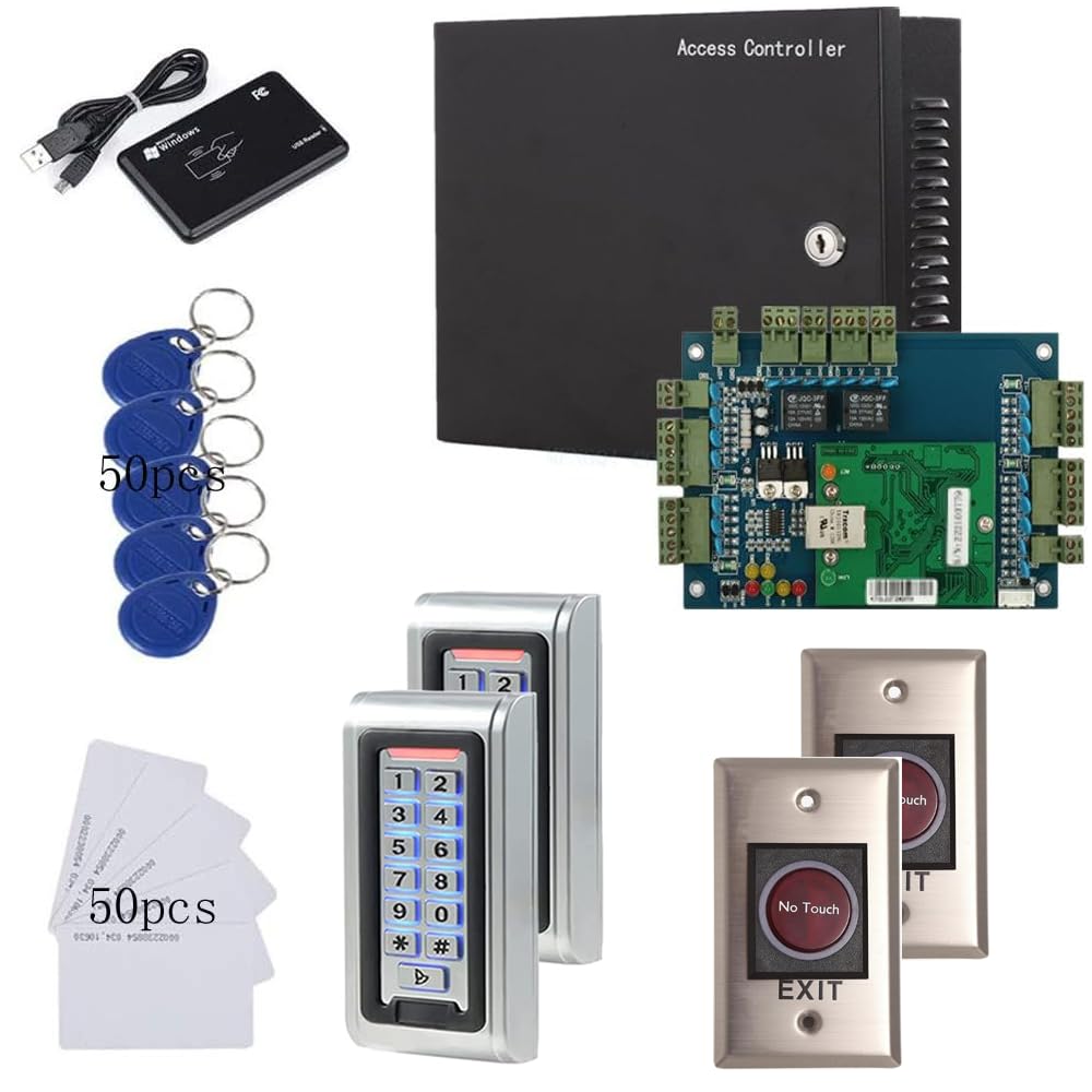MENGQI-CONTROL 2 Doors Security Access Control Kit with Metal Case 110V Power Box Metal Keypad Reader+Infrared Exit Button+Desktop Enroll Reader+RFID Keychains/Cards Phone APP remotely Open Door
