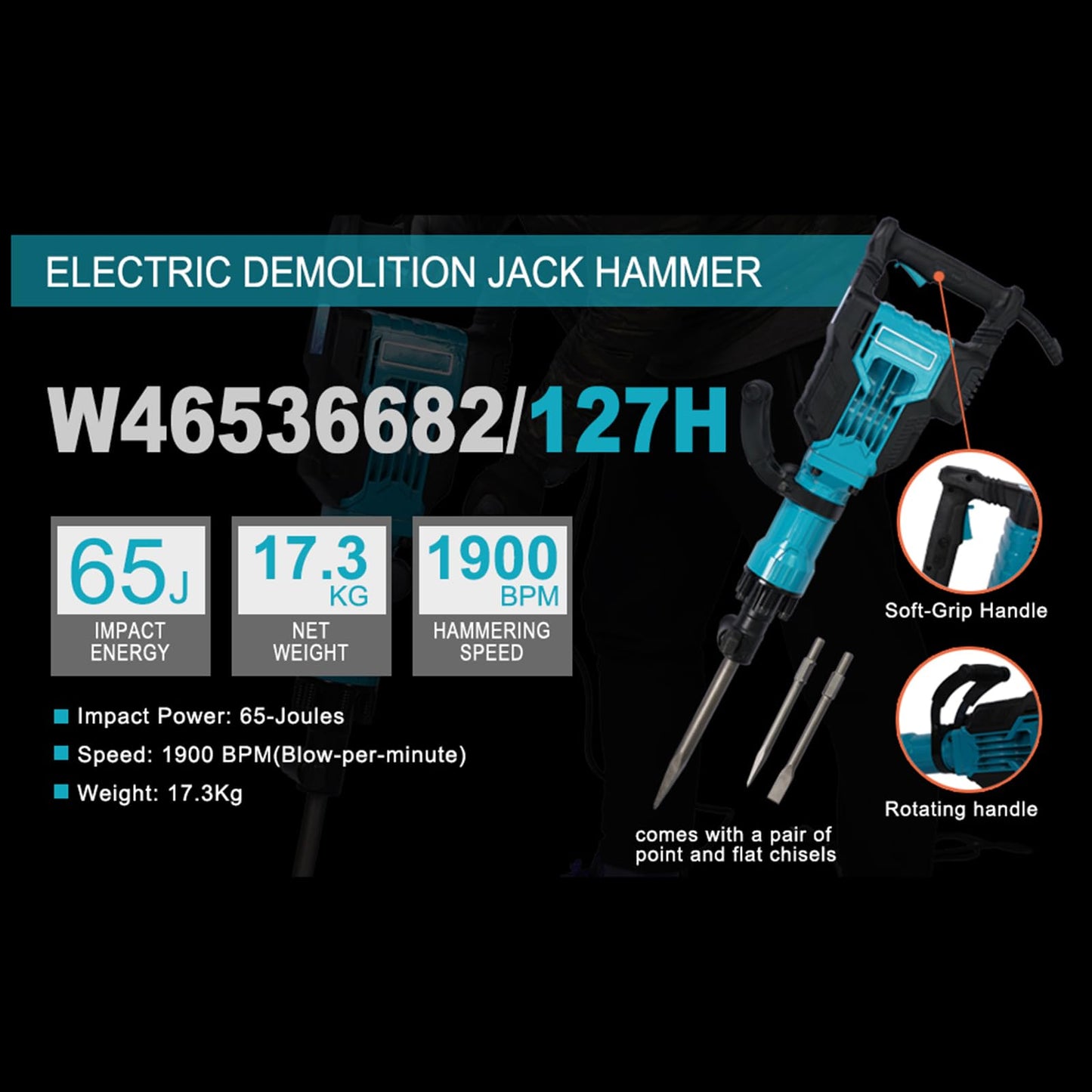 1700W Demolition Jack Hammer 1900 BPM 1-1/8'' Aluminum Alloy Jack Hammer Concrete Breaker SDS-Hex Heavy Duty Electric Demo Chipping Hammer Concrete/Pavement Breaker with Carrying Case
