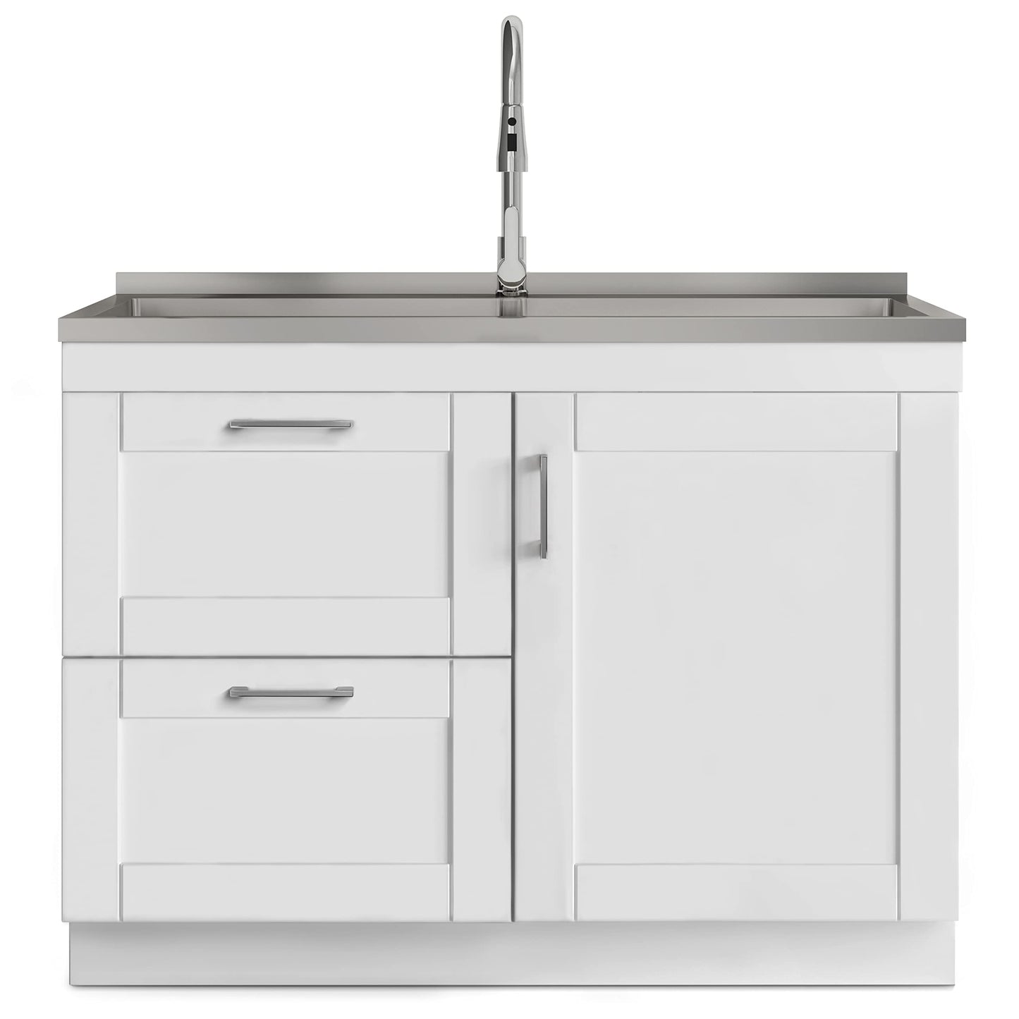 SIMPLIHOME Modern Wide Shaker All-in-One 46 inch Wide Utility Sink and Laundry Cabinet in Pure White Finish, Transitional Stainless Steel Sink Cabinet for Laundry Rooms with High-Arch Chrome Faucet