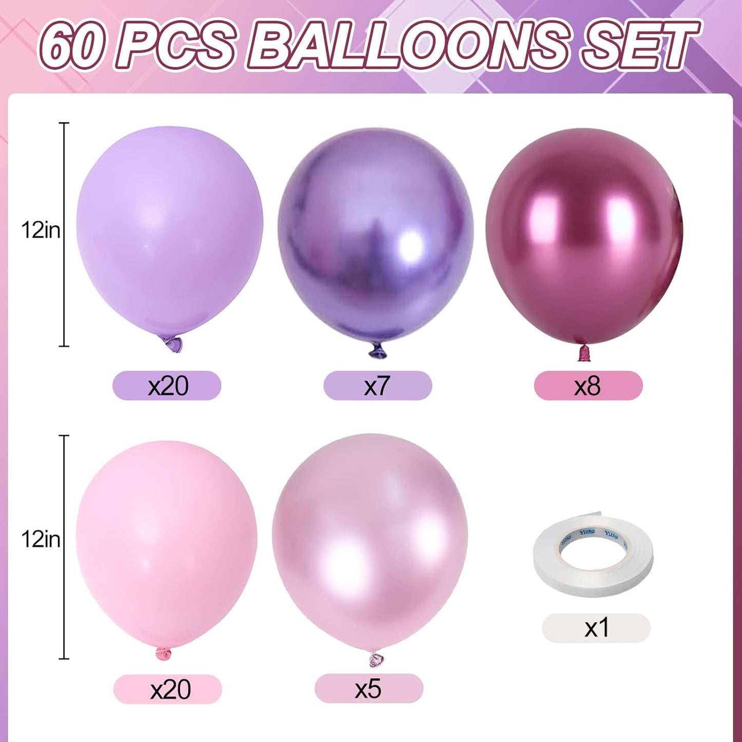 Skiennix 60 PCS Metallic Pink & Purple Balloons - 12 Inch Latex for Girls' Birthday & Baby Shower Decor