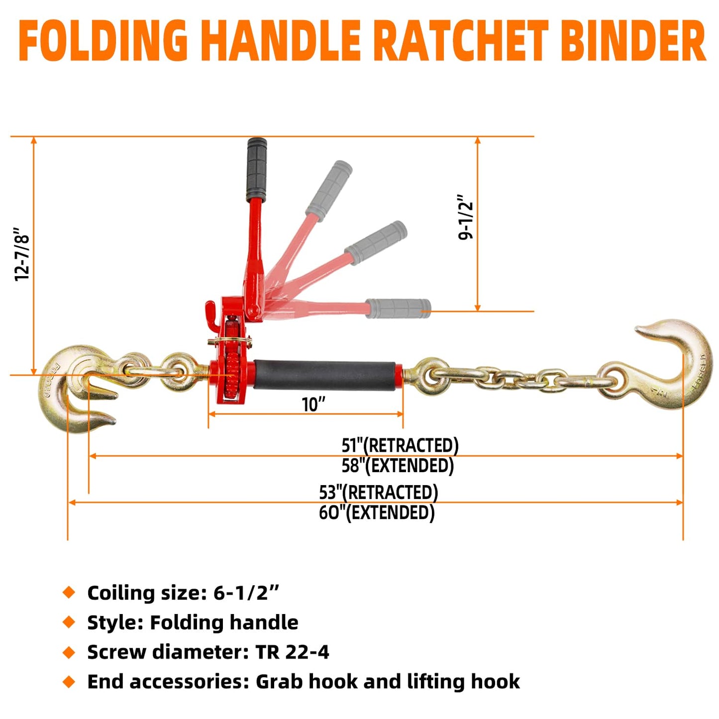 ENJ 2 Pack Folding Handle Load Binder, 7100 lbs WLL, w/ 5/16"-3/8" Grab Hook & 2 ft G70 Chain with Dual G70-1/2" Sling Hooks, for Truck Tie Down, Hauling, Towing, Logging