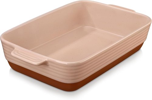 MALACASA 4.8 Qt Ceramic Baking Dish - Deep Rectangular Casserole with Handles | 9 x 13 Inch, Khaki & Pink