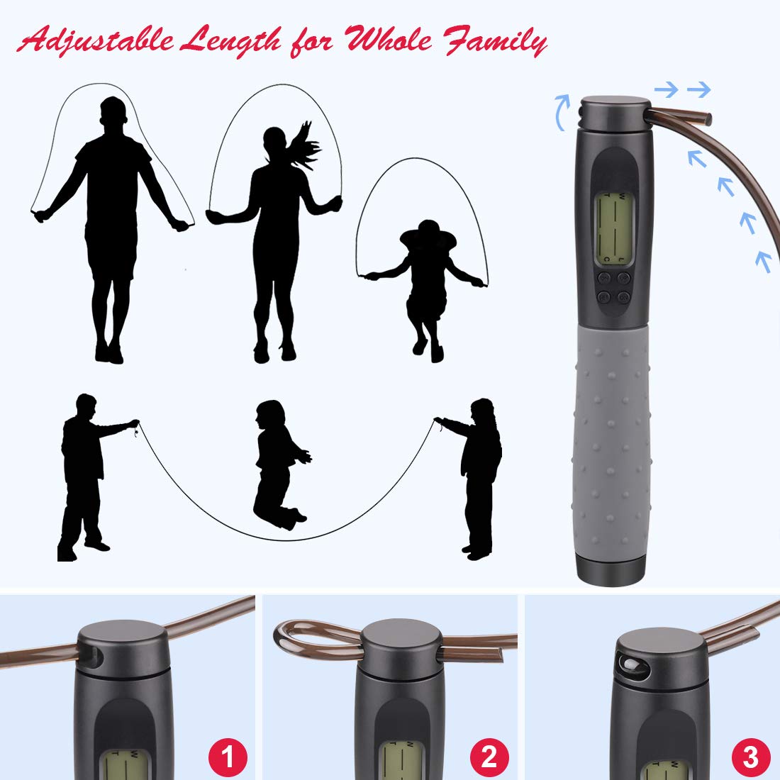 Te-Rich Weighted Skipping/Jumping Rope with Counter for Men Women Kids Fitness Exercise Training - Heavy Handles, Adjustable Length - Cordless