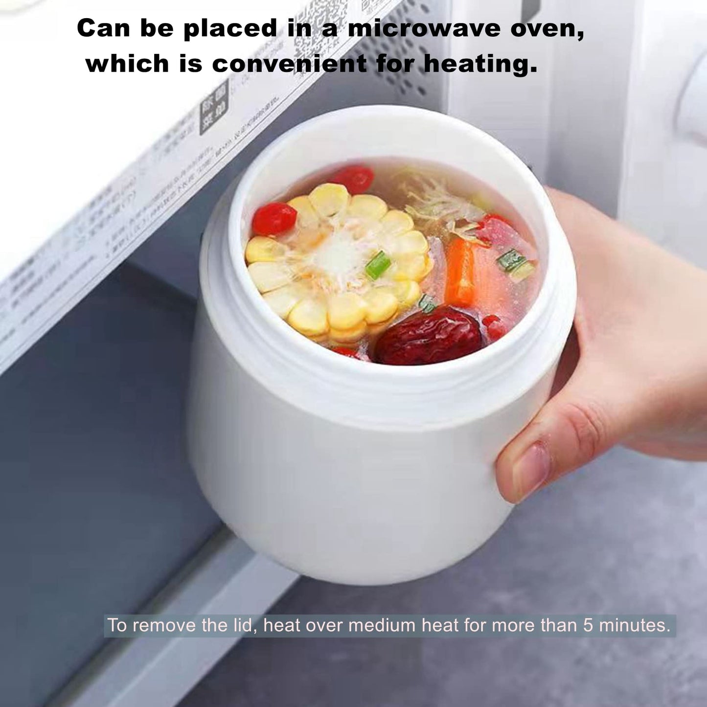 Food Jar for Hot Food,13.5oz Insulated Lunch Box Container for Hot and Cold Food,Children's insulated soup cans, Adults, Work, School, Picnic, Outdoors.PP inner linery, microwave oven (Plastic white)