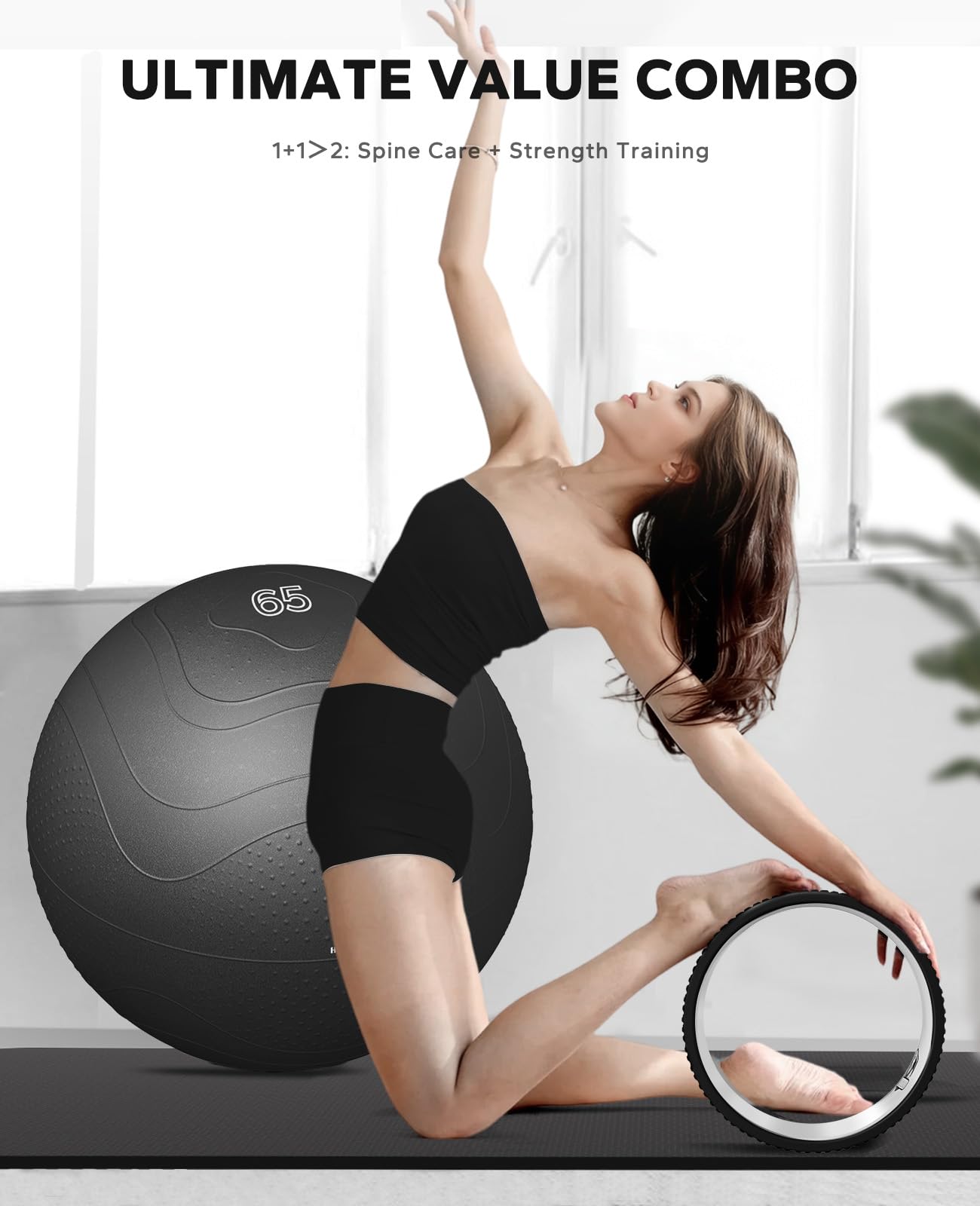 HAPBEAR Back Roller - Yoga Wheel Set with 26'' Exercise Ball – 12'' PP Spine Alignment Tool for Back Pain Relief, Core Strength & Full-Body Workout, for Home Gym & Therapy – Pump Included