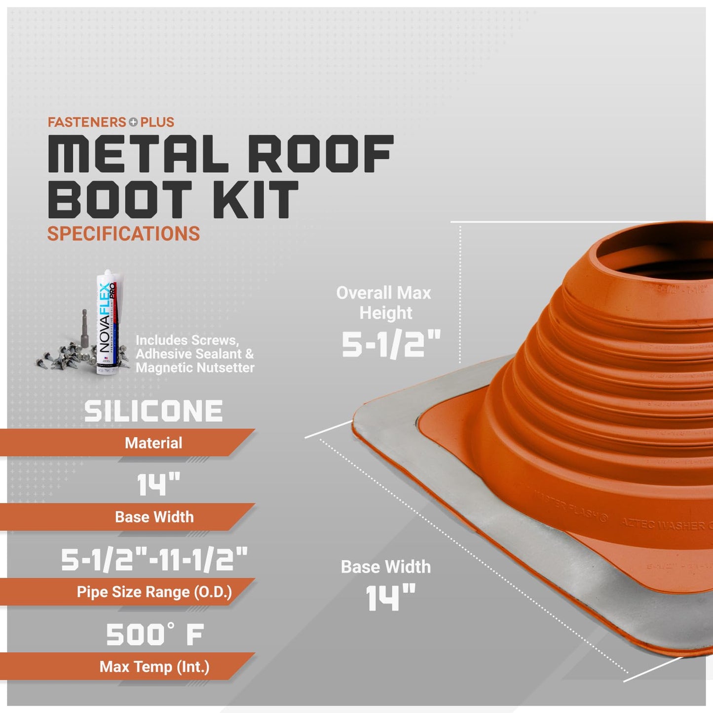 Fasteners Plus #7 Square Silicone Metal Roof Pipe Flashing Boot with Complete Install Kit (Made in USA), Fits 5-1/2” - 11-1/2” Pipe OD, Red