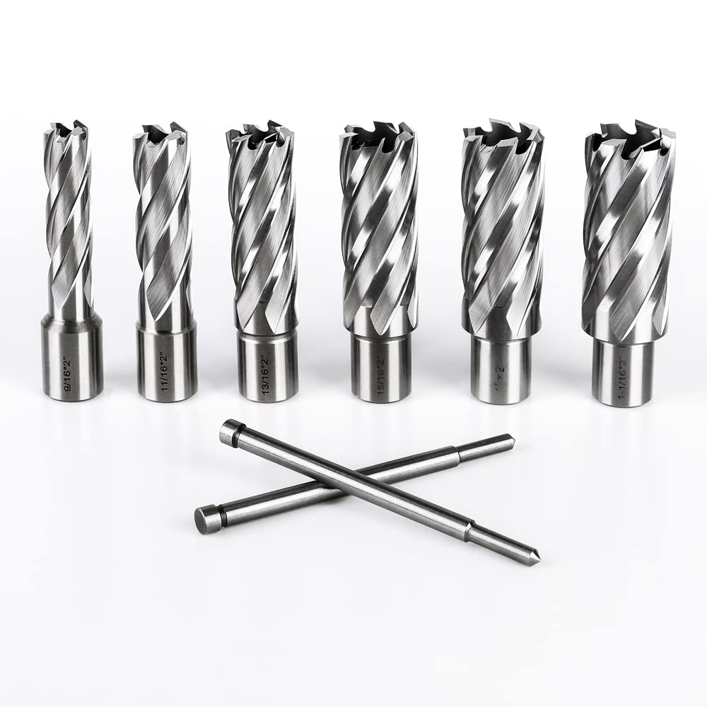 OSCARBIDE Annular Cutter Set 8 Pieces, 3/4" Weldon Shank,2" Cutting Depth,(9/16,11/16,13/16,15/16,1,1-1/16) inch Cutting Diameter,Mag Drill Bits for Magnetic Drill Press with 2pcs Pilot Pins