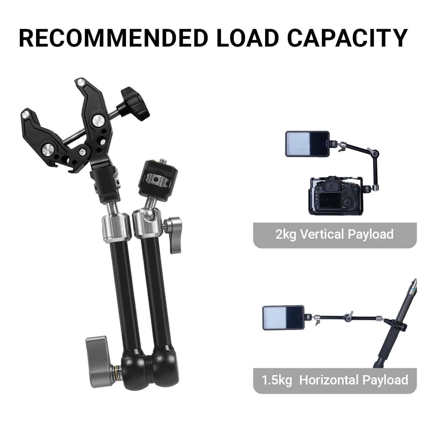 Heavy-Duty Articulating Magic Arm Mount with Super Clamp, 360° Dual Ball Head & 1/4" ARRI Locating Pin&Holes, Camera Monitor Mount for Action Camera Video LED Light (11" Magic Arm w/Clamp)