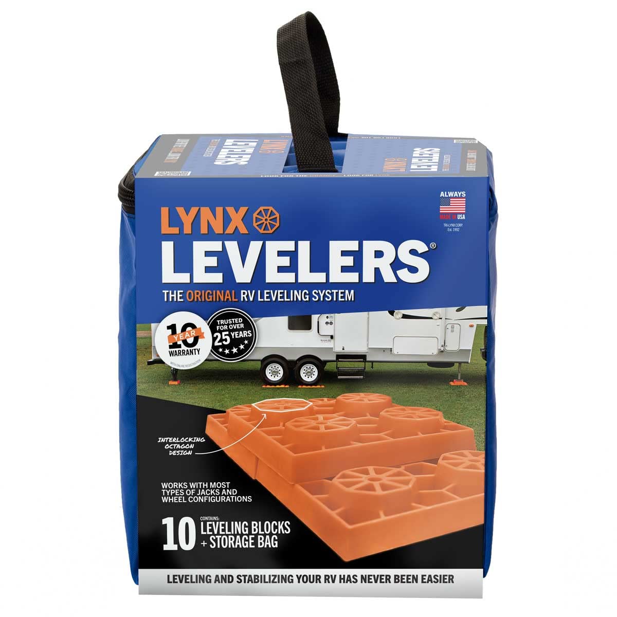Tri-Lynx Lynx Levelers RV/Trailer/Motorhome/Vanlife interlocking Leveling Blocks with Nylon Storage Bag for most Leveling and Stabilizing functions. 10 Pack, Orange, 00015, Made in USA.