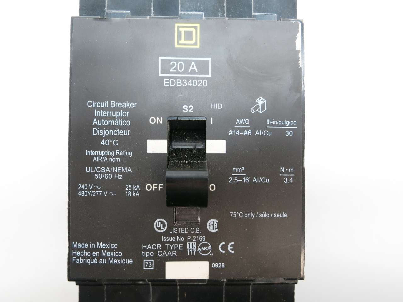 SQUARE D EDB34020 3P 20A AMP 480/277V-AC MOLDED CASE CIRCUIT BREAKER D513646