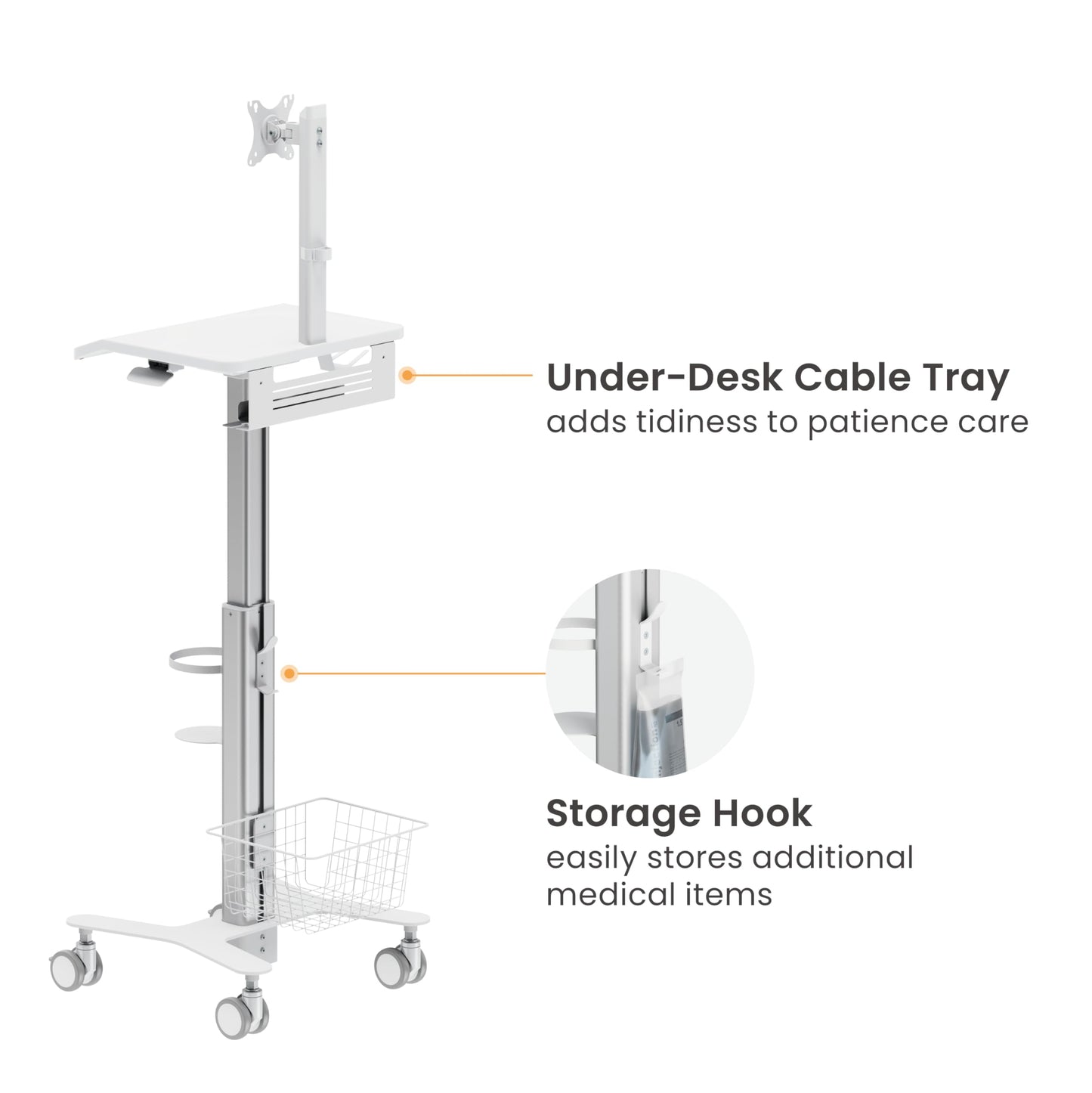 Mount Plus MB-C10 Medical Trolley Cart For Monitor Desktop With Keyboard Table, Basket, Wipe Holder, Scanner Holder For Hospital Clinic Dental Office Home Office | Height Adjustable Mobile Workstation