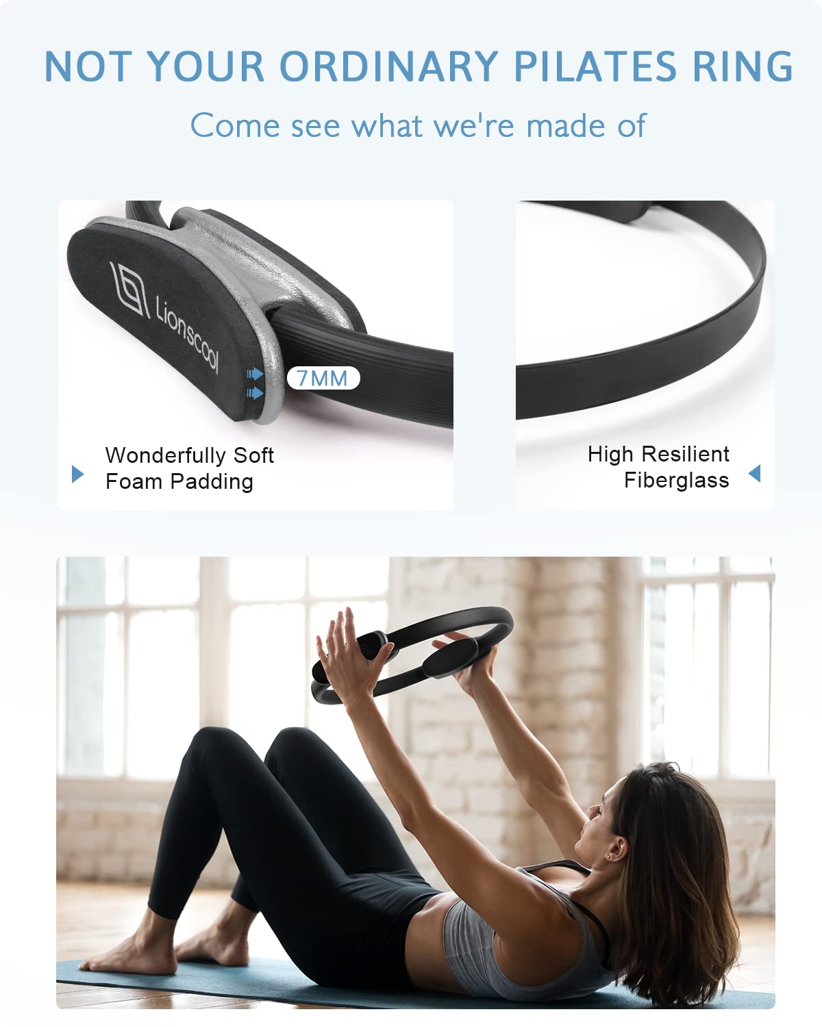 LIONSCOOL Pilates Ring Set (Black) - 14" Anti-Deformation Magic Circle with Padded Handles, 9" Mini Ball, Elastic Latex Resistance Bands, Guide & Bag