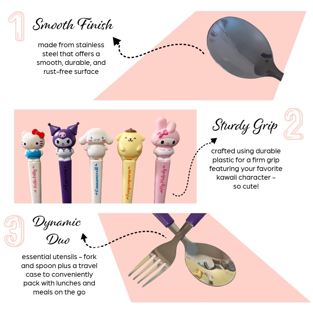 hombäde Stainless Steel Cutlery Tableware Flatware Silverware 3 Piece Set Portable Reusable Travel Cute Kawaii Anime Cartoon Dog Bunny for Boys and Girls (Pink Kitty)