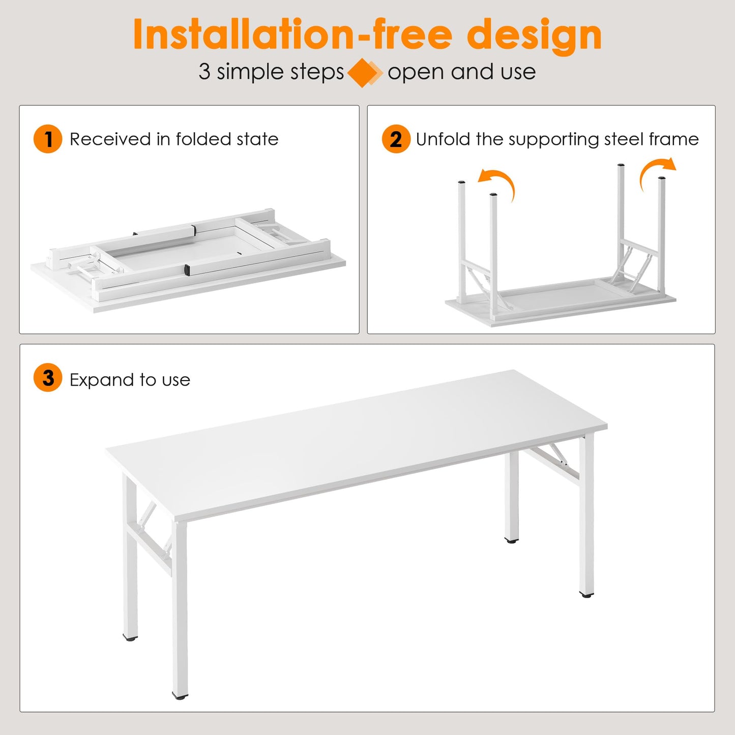 Need Folding Computer Desk, Large 62 inches Folding Table for Home Office, No Install Needed Foldable Writing Table Long Desk, Space-Saving, White