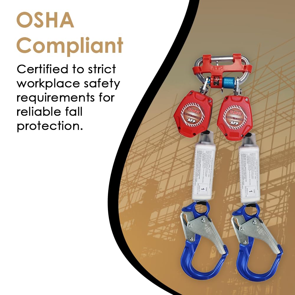 AFP Demon 6 Foot Double Web Leg Self Retracting Lifeline Safety Yoyo, Shock Pack Absorber, Aluminum Rebar Pelican Hook & Aluminum Carabiner Fall Protection Arrest Limiter SRL | OSHA & ANSI Rated