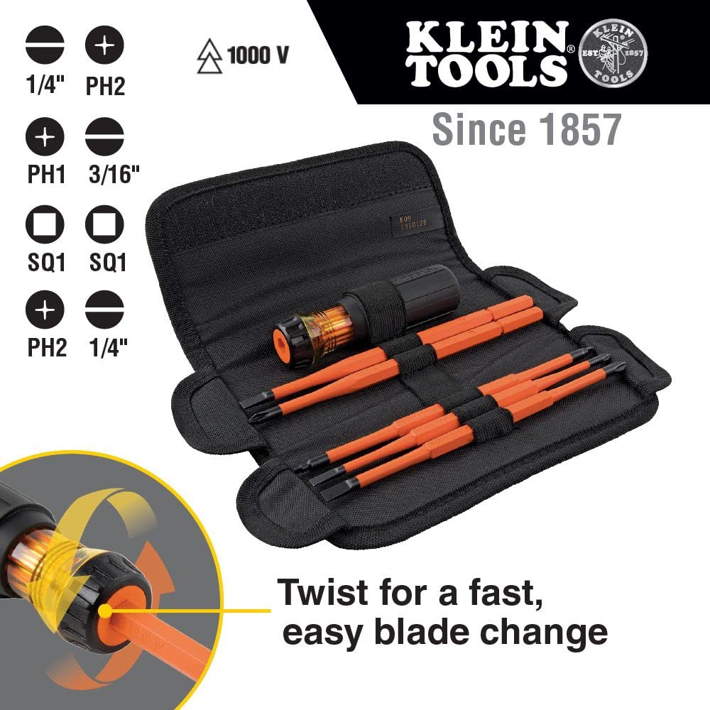 Klein Tools 32288 Insulated Screwdriver, 8-in-1 Screwdriver Set & 80020 Tool Set with Lineman's Pliers, Diagonal Cutters, and Long Nose Pliers, with Induction Hardened Knives, 3-Piece