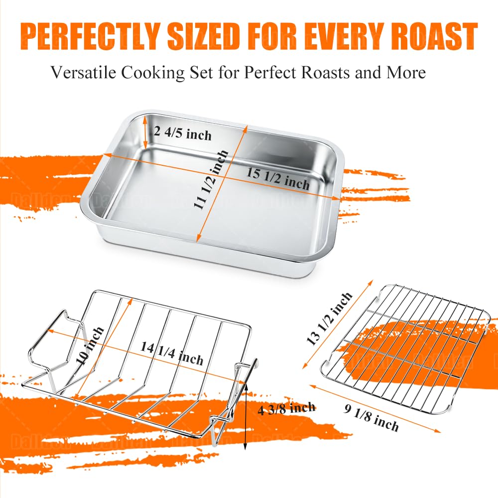 Roasting Pan Kit 15.5x11.5 Inch, Stainless Steel Turkey Roaster Baking Pan for Ovens-Heavy Duty Turkey Roaster V Rack & Cooling Rack, Deep Broiling Pan for Thanksgiving Christmas,Dishwasher Safe