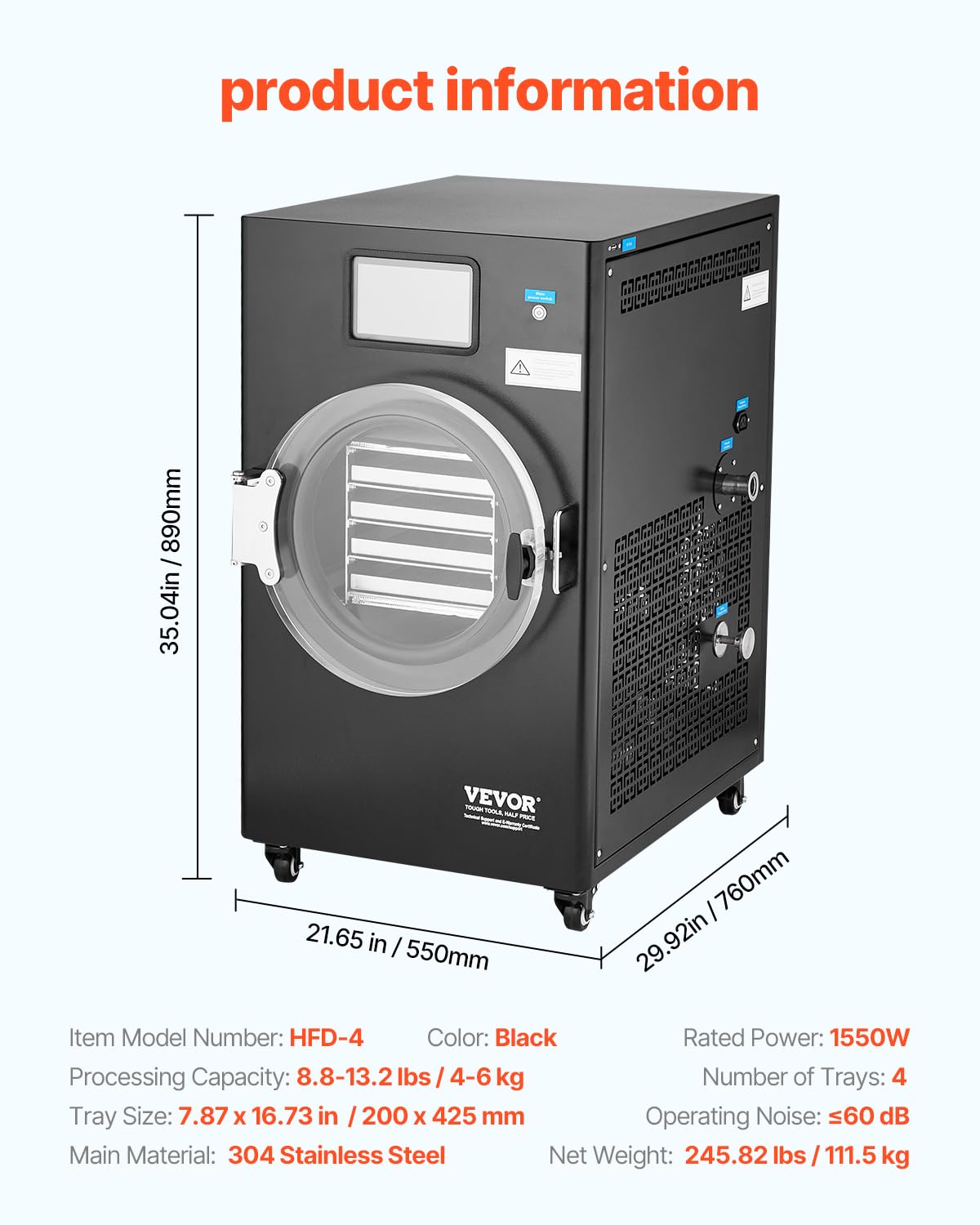 VEVOR Vacuum Freeze Dryer Machine, 8.8-13.2 LBS/Batch Food Freeze Drying Machine with 4-Layer Trays, Vacuum Pump, Adjustable Timer and Temperature Control, for Fruits Vegetables Meat, Black