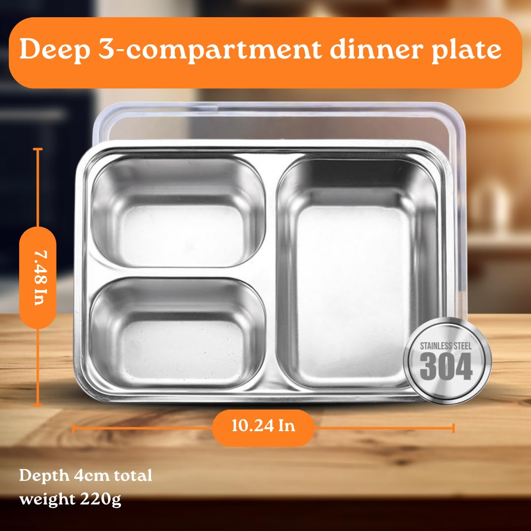 KUNSIMA 2 Pack Snack Containers for Kids, Stainless Steel Toddler Plates with Lids, 3 Compartment Food Container, Baby Plates, Stainless Steel Lunch Box for Kids, Bento Box Meal Prep Containers