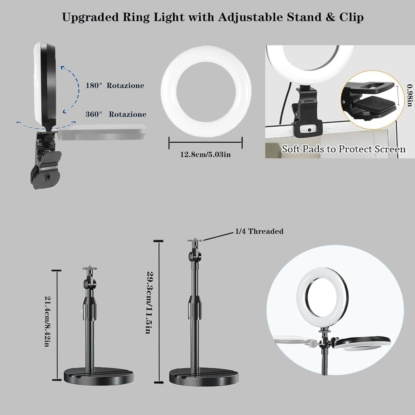 Amcuke 10W 3000K-6500K Ring Light with Stand, Desk Ring Light with Clip Upgraded Travel Desktop Light for Phone Selfie